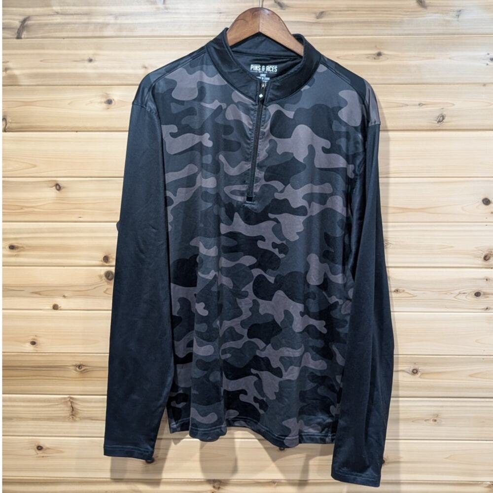 Pins and Aces Dark Forest Camo Pullover Mens Large Golf 1/4‎ Zip Long Sleeve